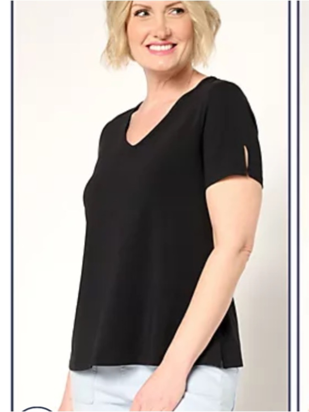 Attitudes By Renee Women L Black Short Sleeve V- Neck Washed Cotton T-Shirt